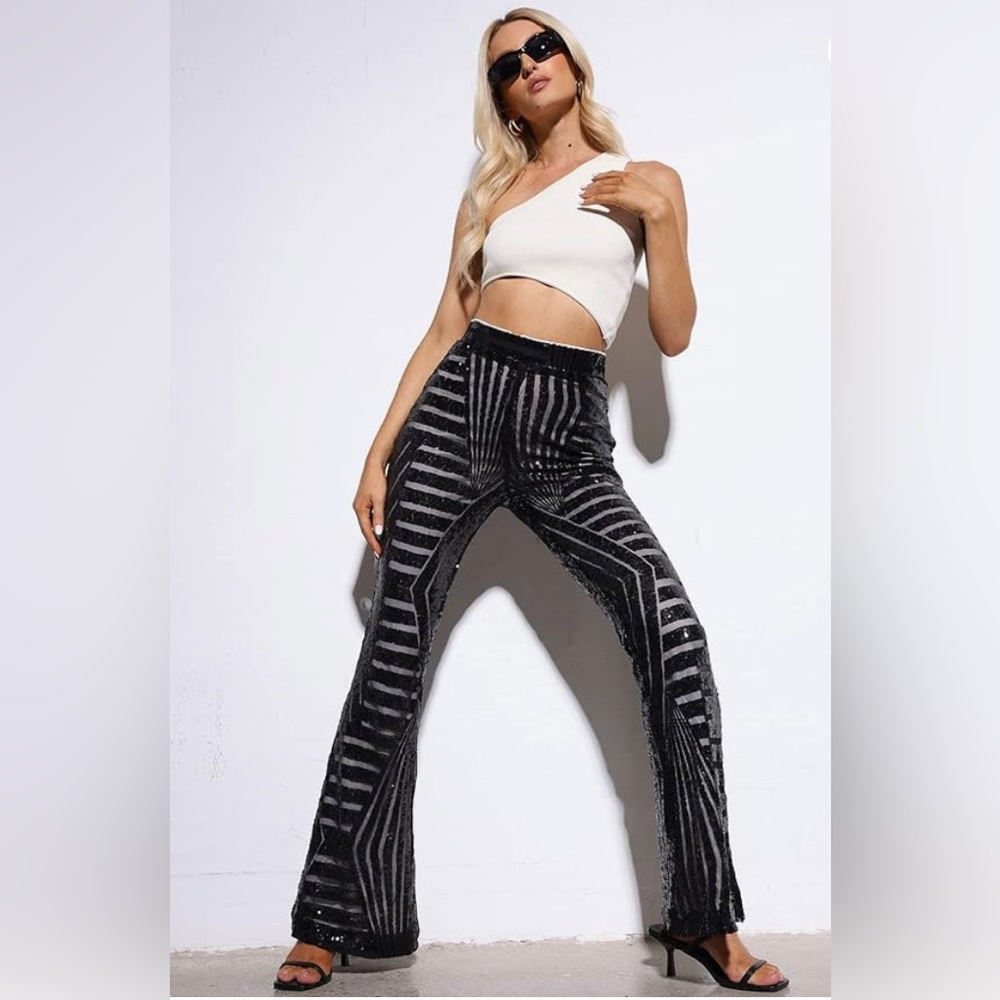 Black Women High Waist Wide Leg Palazzo Pants Sequin Bell Bottoms Trousers Large